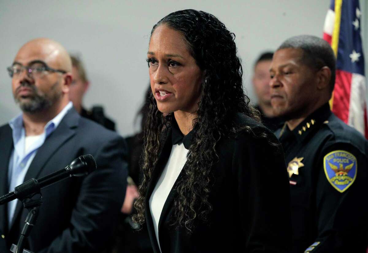 San Francisco District Attorney Brooke Jenkins at a news conference. Jenkins is seeking an exemption to San Francisco's sanctuary city law in two cases involving men suspected of violent crimes. 