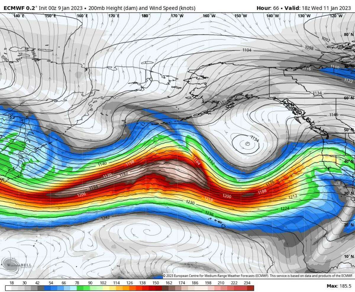 The European weather model’s outlook for the jet stream through the middle of the week, showing strong westerly flow from Japan to California. This type of pattern will continue to promote the combination of storms flowing into California and being fed moisture from atmospheric rivers that get lodged into the jet stream’s path.