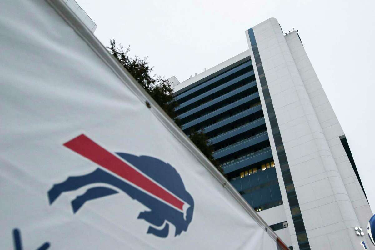 A Buffalo Bills logo is displayed near Buffalo General Medical Center, Monday, Jan. 9, 2023, in Buffalo, N.Y. Bills safety Damar Hamlin was discharged from the University of Cincinnati Medical Center, Monday, and flown to Buffalo, where he will continue his recovery at Buffalo General Medical Center/Gates Vascular Institute after going into cardiac arrest and having to be resuscitated on the field during a game in Cincinnati. (AP Photo/Joshua Bessex)