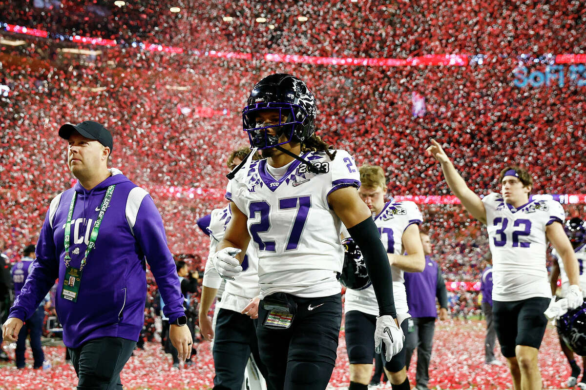 INGLEWOOD, CALIFORNIA - JANUARY 09: Jaionte McMillan #27 of the TCU Horned Frogs walks off the field after being defeated by the Georgia Bulldogs in the College Football Playoff National Championship game at SoFi Stadium on January 09, 2023 in Inglewood, California. Georgia defeated TCU 65-7. (Photo by Ronald Martinez/Getty Images)