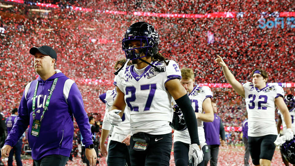 INGLEWOOD, CALIFORNIA - JANUARY 09: Jaionte McMillan #27 of the TCU Horned Frogs walks off the field after being defeated by the Georgia Bulldogs in the College Football Playoff National Championship game at SoFi Stadium on January 09, 2023 in Inglewood, California. Georgia defeated TCU 65-7. (Photo by Ronald Martinez/Getty Images)