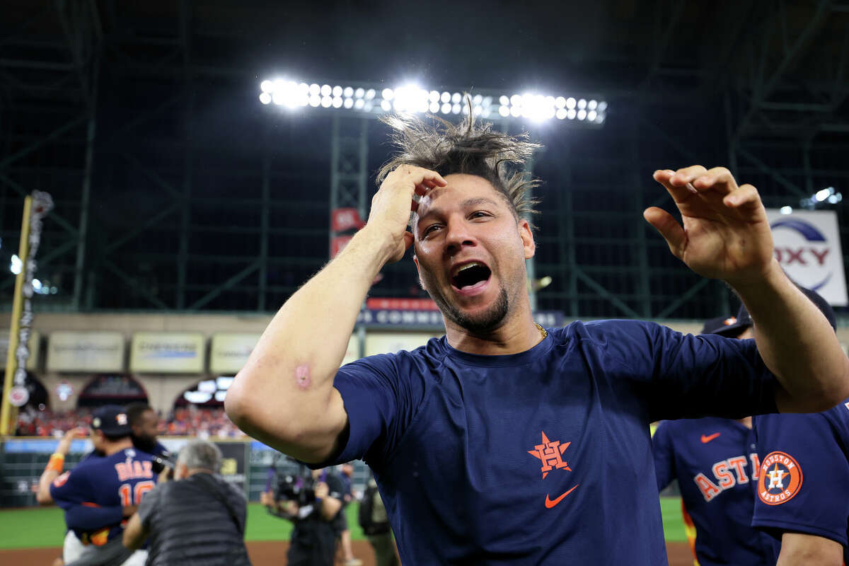 Yuli Gurel #10 of the Houston Astros celebrates on the court after the Astros defeated the Philadelphia Phillies in Game 6 of the 2022 World Series at Minute Maid Park on Saturday, November 5, 2022 in Houston.