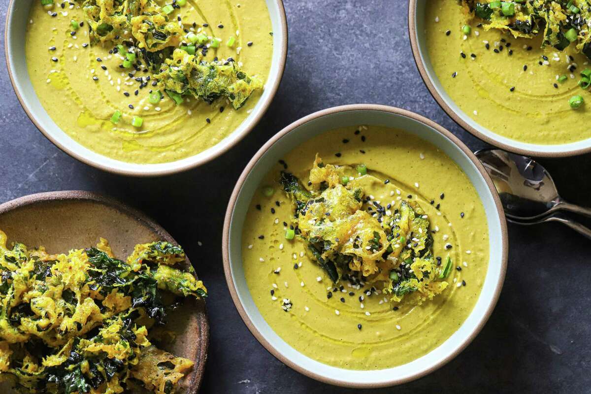 Vegan Broccoli Soup With Masala Kale Tempura is a comforting winter meal with crunch.