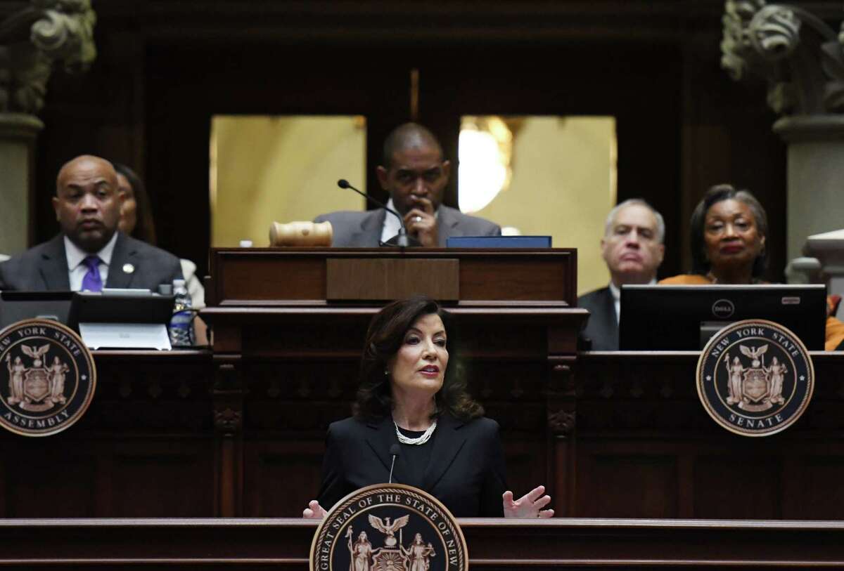 Gov. Kathy Hochul delivers her State of the State Address on Tuesday in the Assembly Chamber at the Capitol in Albany.