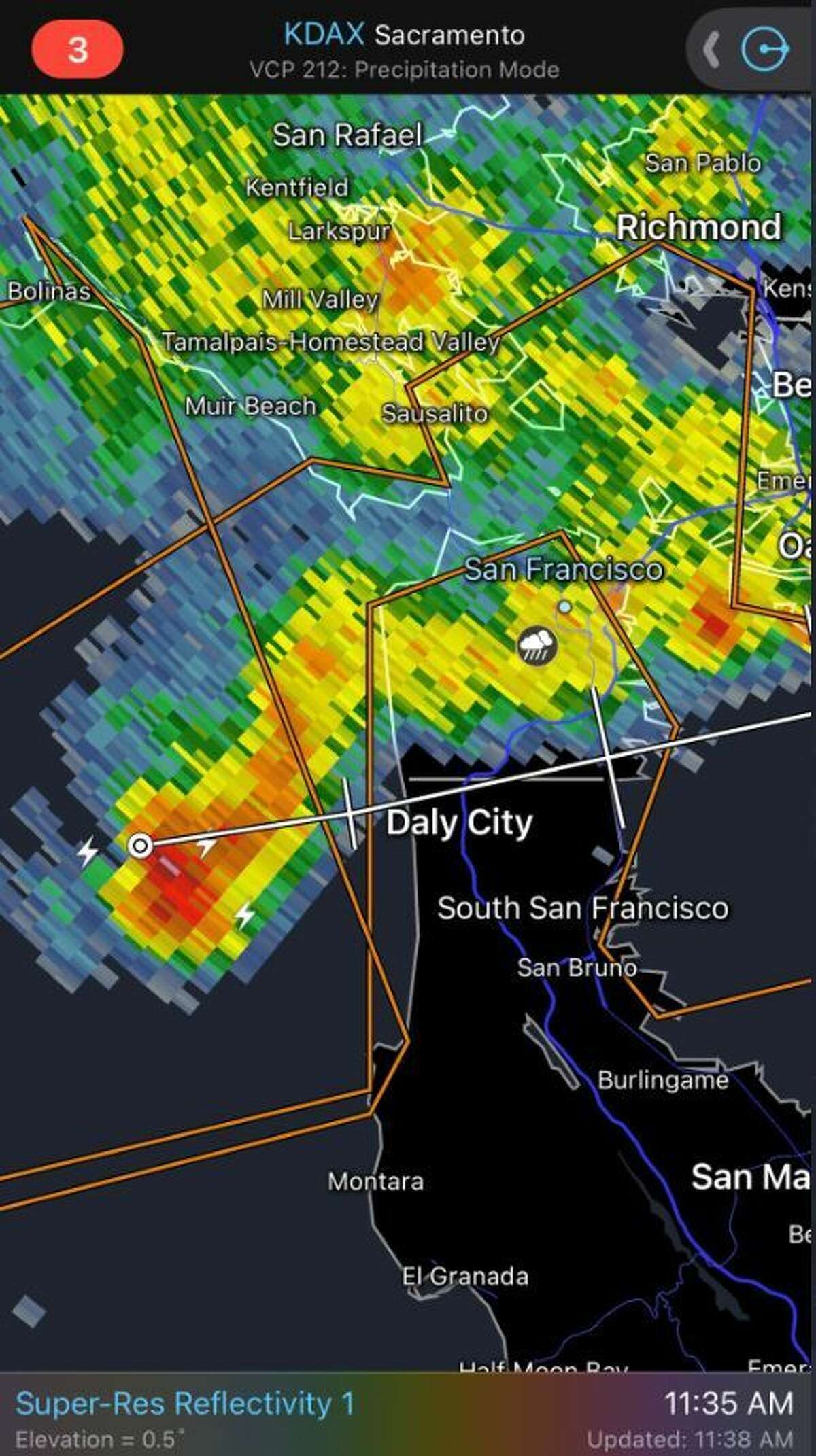 Radar images showed  strong thunderstorm cell quickly heading toward Daly City and the west side of San Francisco. 