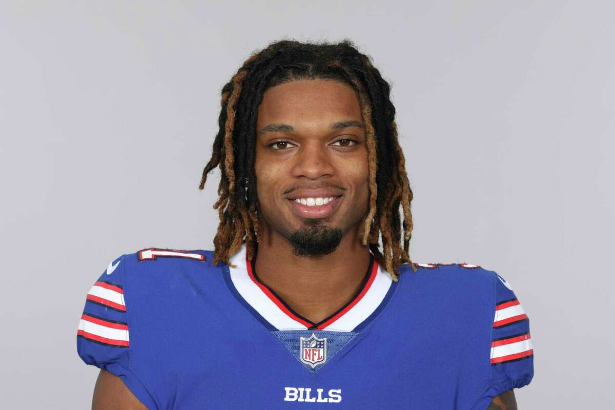 FILE - Damar Hamlin of the Buffalo Bills NFL football team smiles May 12, 2021. Damar Hamlin plans to support young people through education and sports with the $8.6 million in GoFundMe donations that unexpectedly poured into his toy drive fundraiser after he suffered a cardiac arrest in the middle of a game last week.