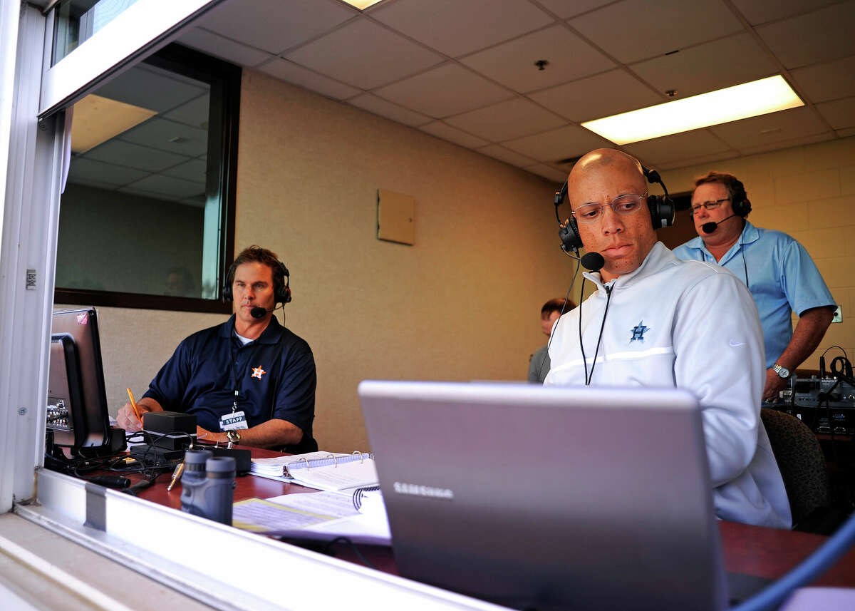 Houston Astros radio broadcasters Robert Ford, right, and Steve Sparks, a former pitcher, before the team plays the Washington Nationals at Osceola County Stadium in Kissimmee, Fla., March 25, 2013. (David Manning/The New York Times)