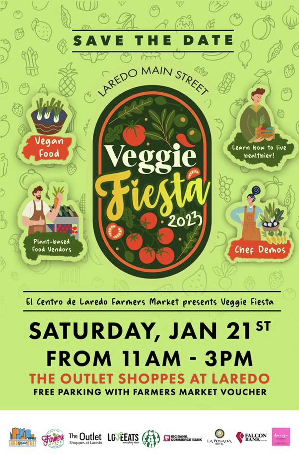 The poster for El Centro de Laredo's Farmers Market Veggie Fiesta 2023 is shown. 