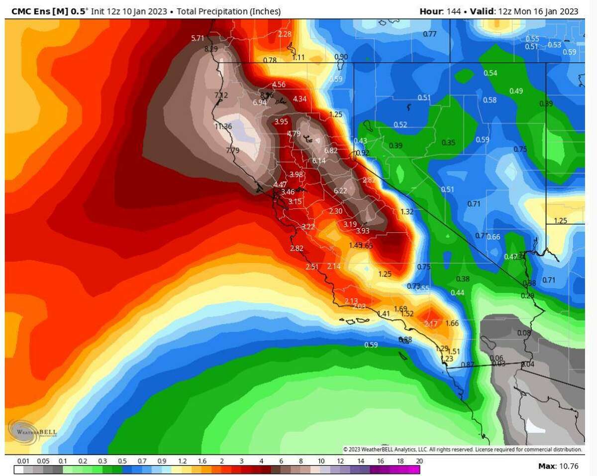 The Canadian ensemble of weather models highlights that the atmosphere will remain filled to the brim with moisture this week as two atmospheric rivers target California between Wednesday and this weekend. This setup will result in five-day rainfall totals ranging between 2 to 3 inches of rain in much of the Bay Area, while totals over 5 inches are possible in the Santa Cruz Mountains. The highest totals, over 6 inches, will be possible in the Sonoma County mountains and much of far Northern California as the bulk of storms trail northward.