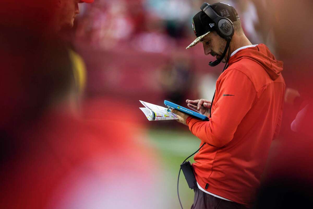 San Francisco 49ers head coach Kyle Shanahan is seen on the sideline during the third quarter of a NFL football game against Miami Dolphins in Santa Clara, Calif., Sunday, Dec. 4, 2022. The 49ers defeated the Dolphins 33-17.