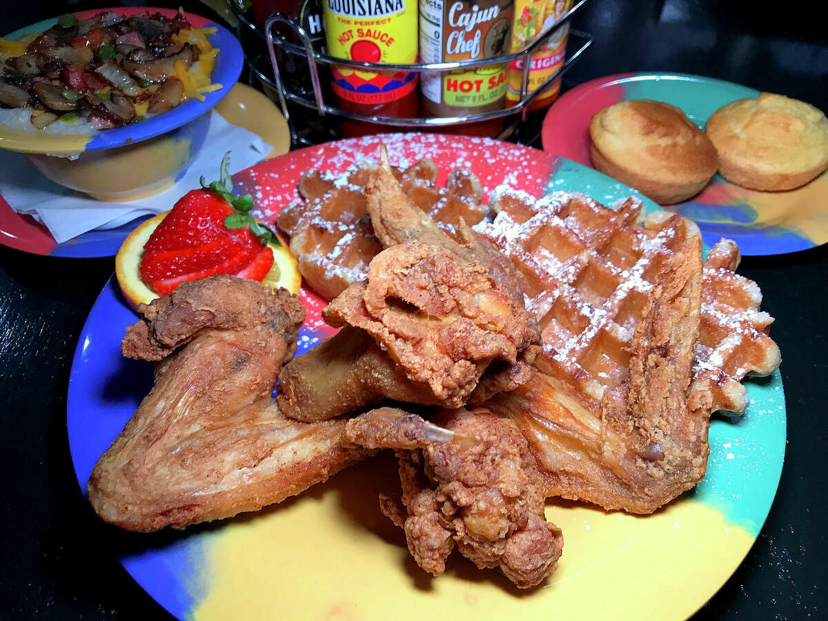 Tony G's Soul Food serves chicken and waffles, with a crunchy texture that bursts into a hit of sweetness.
