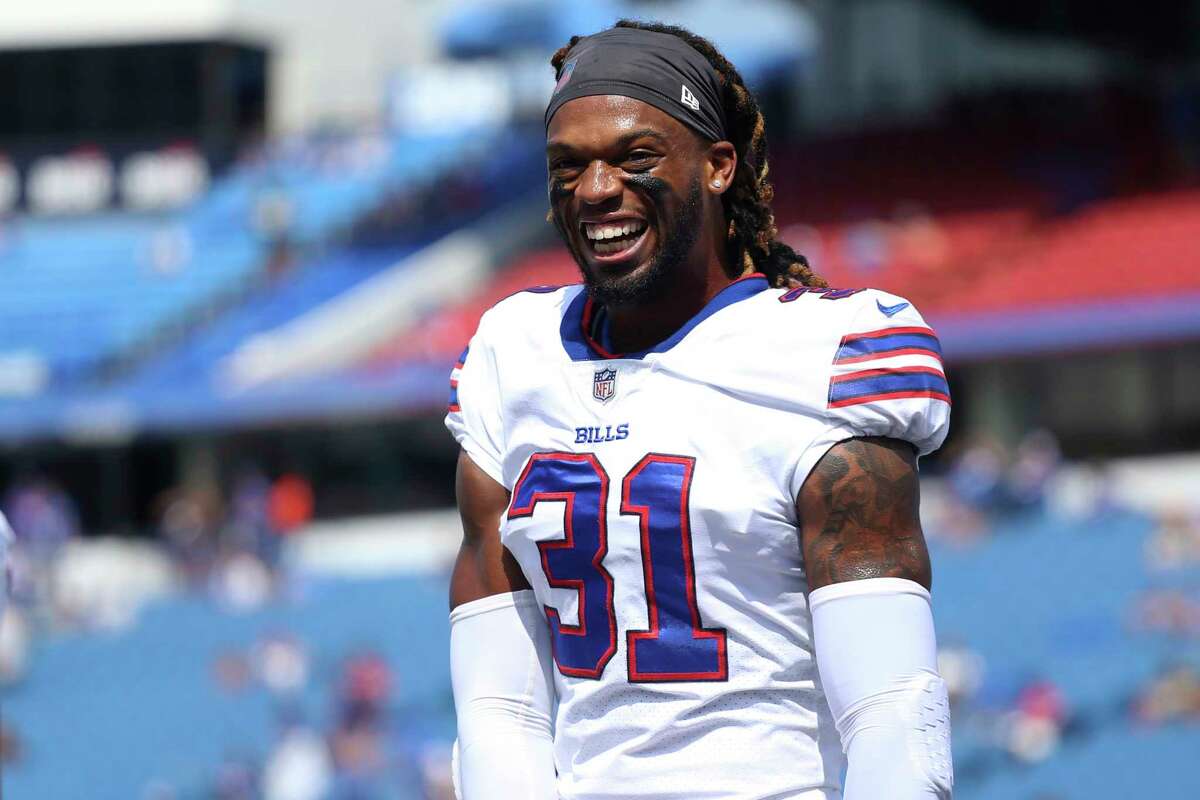 FILE - Buffalo Bills safety Damar Hamlin smiles prior to the start of the first half of a preseason NFL football game, Saturday, Aug. 28, 2021, in Orchard Park, N.Y. Hamlin was released from a Buffalo hospital on Wednesday, Jan. 11, 2023, more than a week after he went into cardiac arrest and had to be resuscitated during a game at Cincinnati, after his doctors said they completed a series of tests.