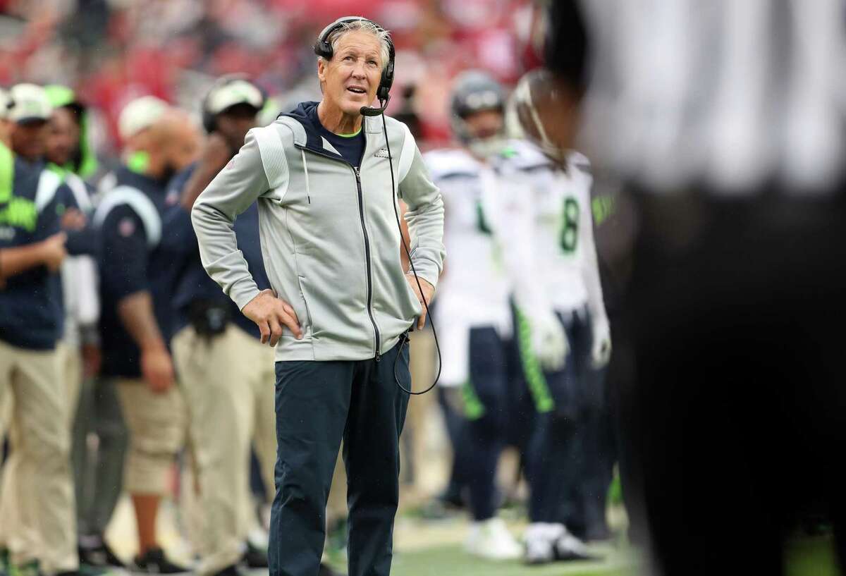 Seattle Seahawks’ head coach Pete Carroll reacts to a pass interference call in 4th quarter of San Francisco 49ers’ 27-7 win in NFL game at Levi’s Stadium in Santa Clara, Calif., on Sunday, September 18, 2022.