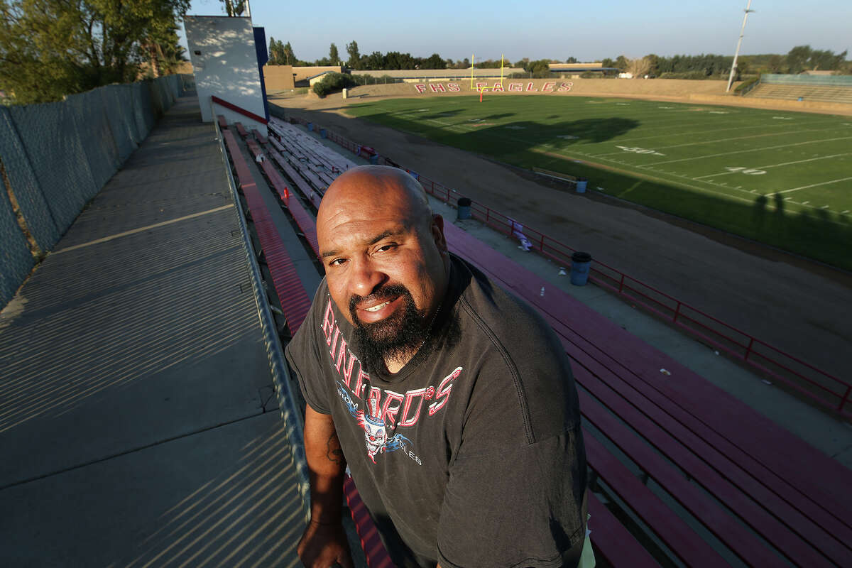 Firebaugh city Councilmember Brady Jenkins, shown at the high school football stadium where Buffalo Bills quarterback Josh Allen played, on Sunday, Oct. 16, 2022.