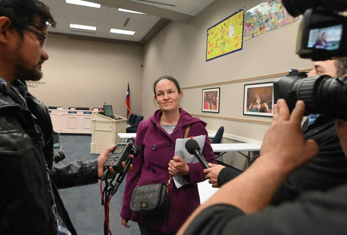 Judson ISD board president Jennifer Rodriguez speaks about the resignation of superintendent Jeanette Ball and the $140,000 buyout of her contract after a meeting on Nov. 21, 2022.