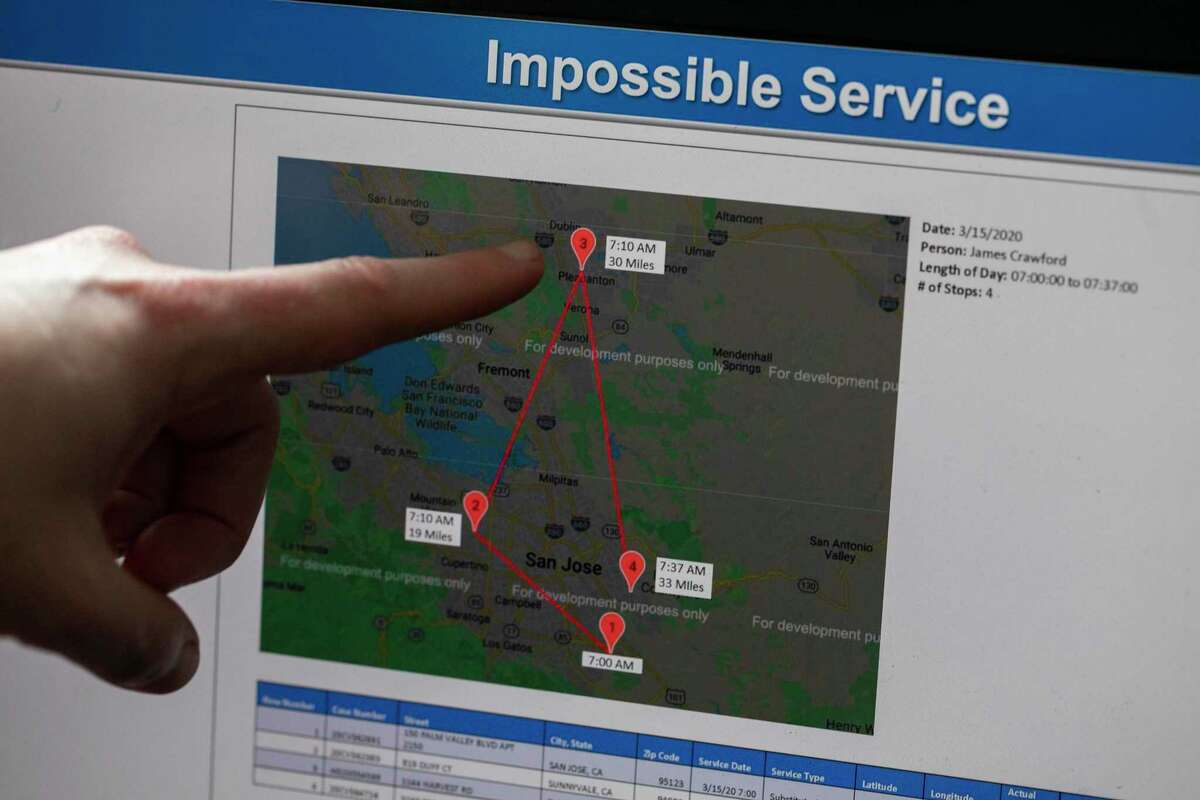 Attorney Kai Haswell points to a map showing how quickly a process server allegedly crisscrossed the Bay Area on a single day to serve people with lawsuit notices. Haswell believes the server is a fiction and that the lawsuits were never delivered.