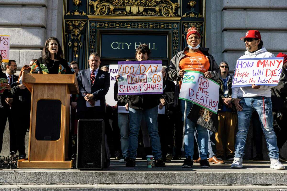 San Francisco Supervisor Hillary Ronen speaks at a rally outside City Hall last month urging the city to establish wellness hubs in place of the shuttered Linkage Center.