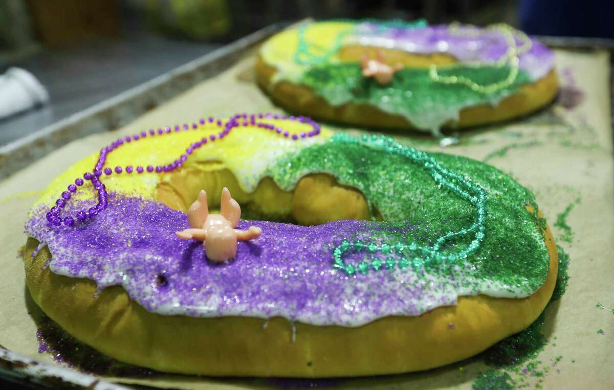 Freshly made and decorated King Cakes are seen ready to be boxed at Montgomery Bakehouse, Thursday, Jan. 12, 2023, in Conroe. King Cake, also known as a three kings cake, is a cake associated in many countries with Epiphany around Mardi Gras in New Orleans.
