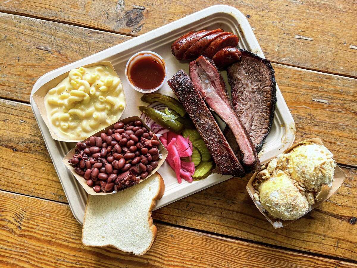 Texas trinity (brisket, ribs and sausage) with red beans and rice and mac 'n' cheese from Heffernan Barbecue
