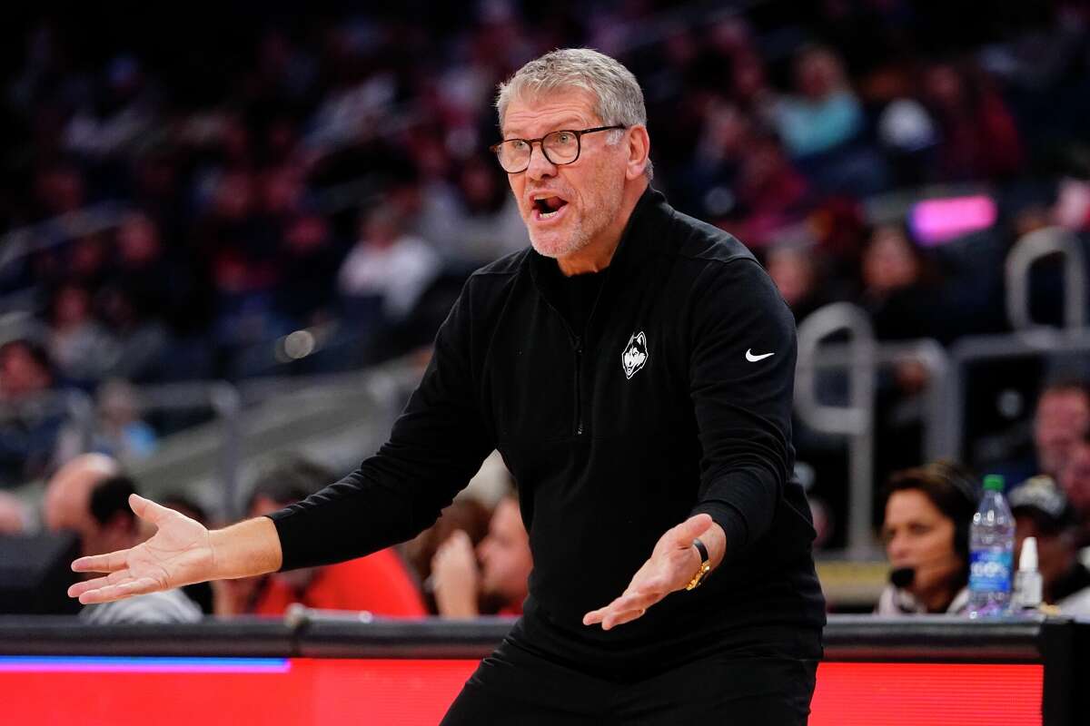 Connecticut head coach Geno Auriemma calls out to his players during the second half of an NCAA basetball game against St. John's Wednesday, Jan. 11, 2023, in New York. Connecticut won 82-52. (AP Photo/Frank Franklin II)