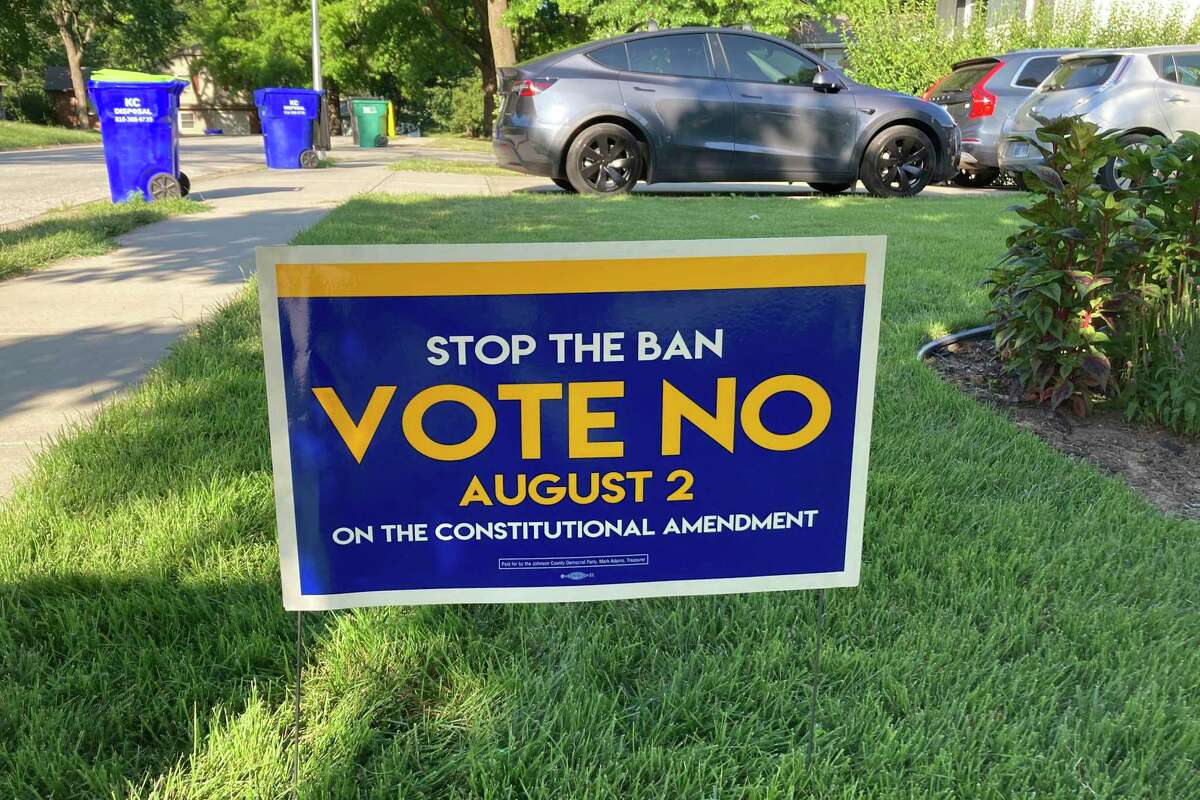 A yard in Merriam, Kansas, urges voters to oppose a proposed amendment to the Kansas Constitution to allow legislators to further restrict or ban abortion. Kansas voters rejected a ballot question that could have eroded abortion rights.