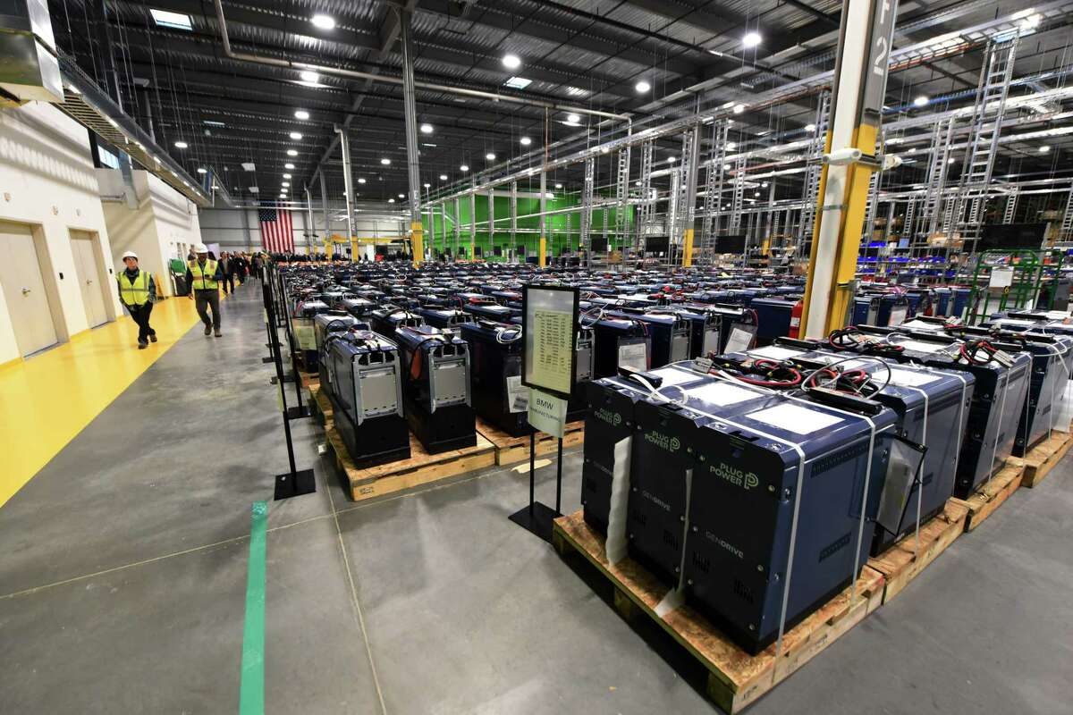 Power cells are ready for shipment at Plug Power's new manufacturing facility on Thursday, Jan. 12, 2023, during a ribbon cutting event in Slingerlands, N.Y.