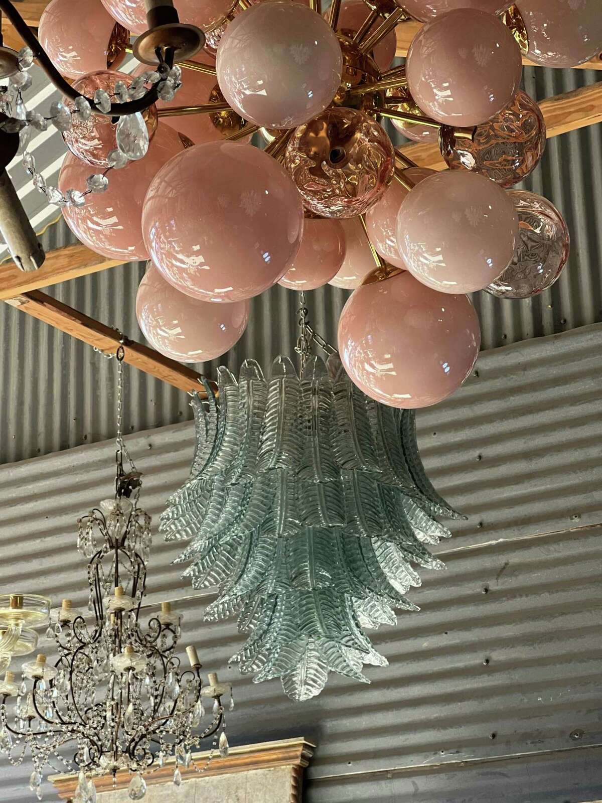 Janet Wiebe of Sourced by Janet Wiebe will have handmade Murano glass chandeliers, sconces and table lamps in her booth at Blue Hills in the 2023 winter antique show in Round Top.