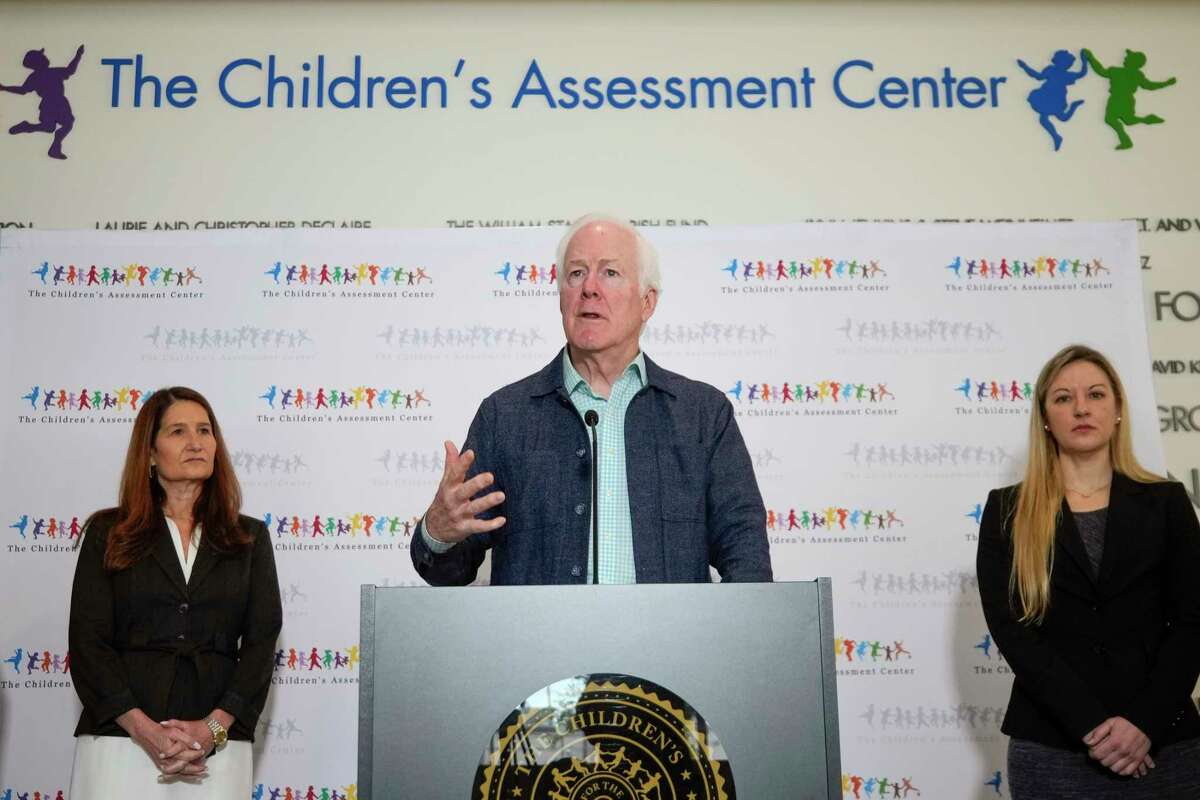 Sen. John Cornyn, R-Texas, talks about the Respect for Child Survivors Act following a round table meeting about the law at The Children’s Assessment Center on Thursday, Jan. 12, 2023 in Houston. Cornyn joined Houston child abuse prevention advocates, law enforcement discussing Sen. Cornyn’s legislation to improve the treatment of FBI child victim witnesses by requiring trauma-informed experts to be part of any interview with a victim who reports child abuse or trafficking to the the FBI.