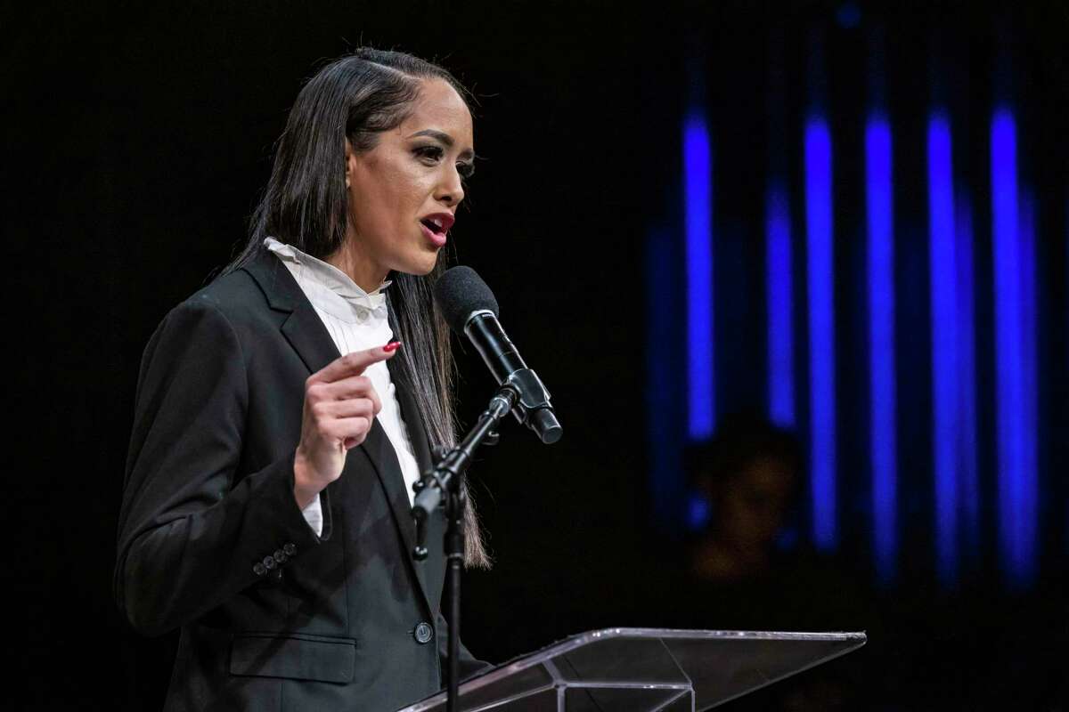San Francisco District Attorney Brooke Jenkins speaks to the audience after she was sworn in during a ceremony at Herbst Pavilion by U. S. Senator Alex Padilla in San Francisco, Calif., on Wednesday, January 11, 2023. A public defender representing Troy McAlister filed a motion Tuesday to recuse her from the high-profile case.