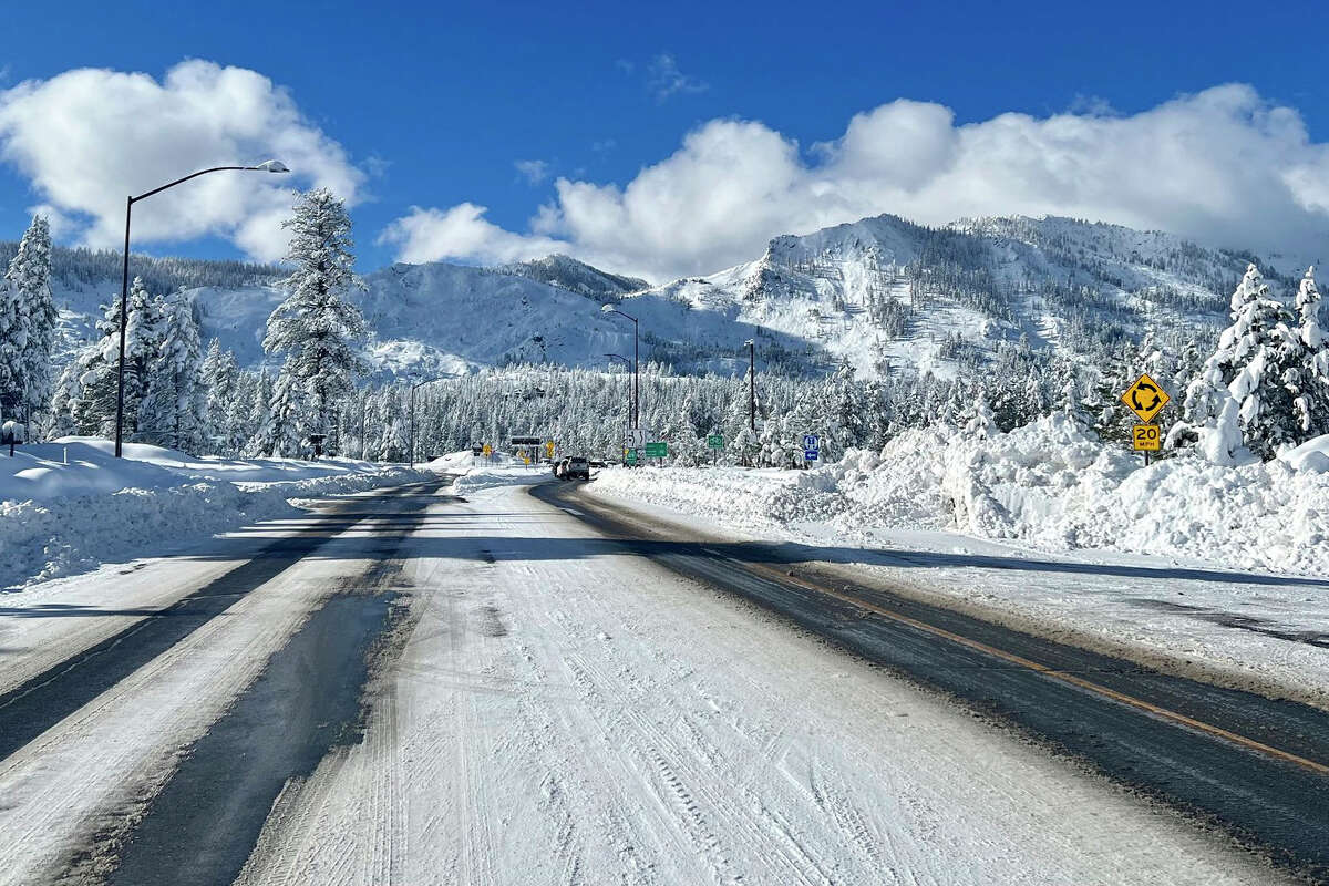 A view of a highway in South Lake Tahoe, Calif., in January 2023.