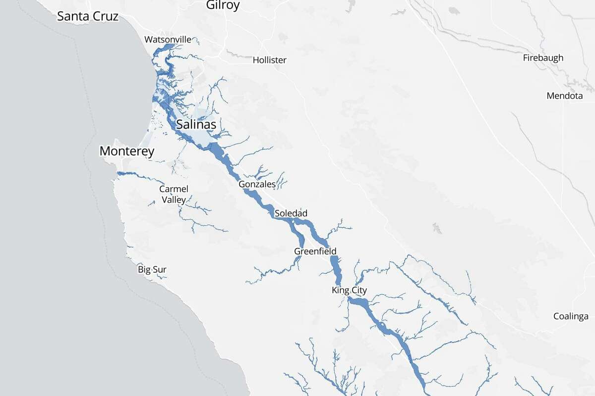 A map showing areas vulnerable to flooding in Monterey County, Calif.