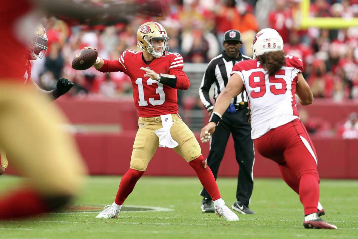 San Francisco 49ers’ Brock Purdy passes in 3rd quarter of Niners’ 38-13 win over Arizona Cardinals during NFL game at Levi’s Stadium in Santa Clara, Calif., on Sunday, January 8, 2023.