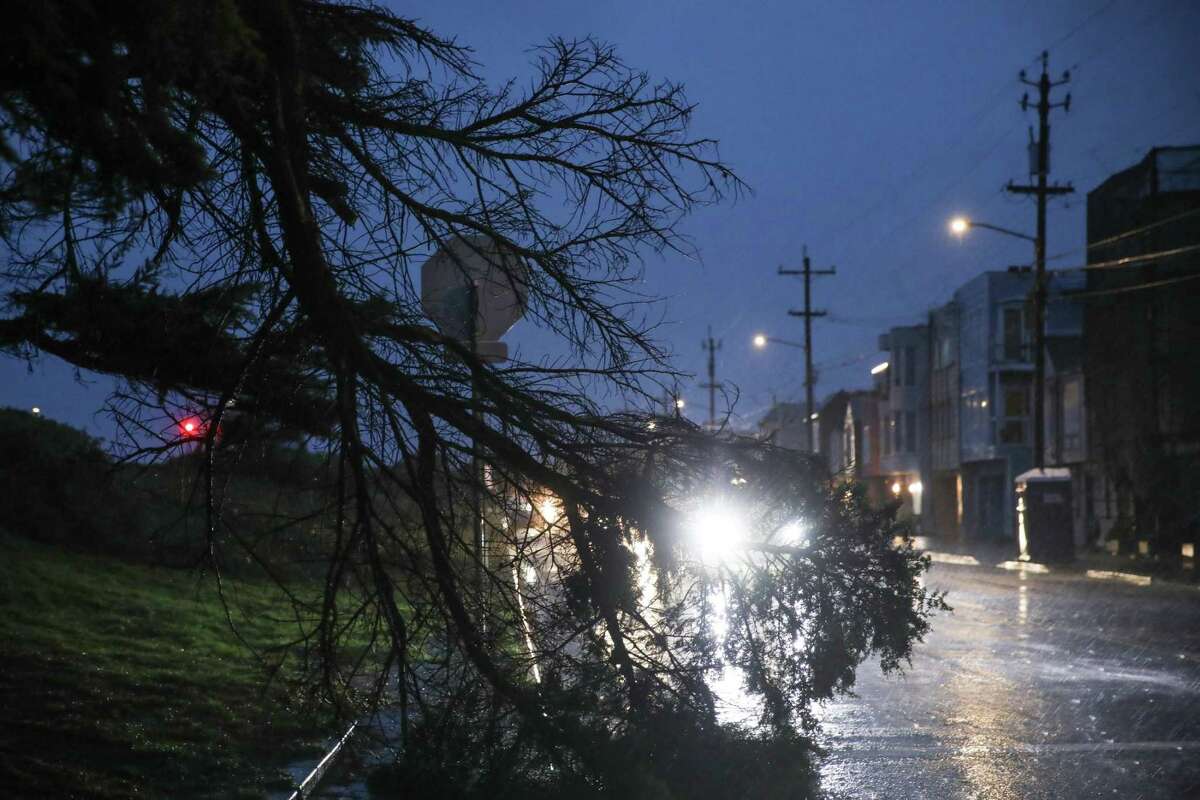 2023年1月4日星期三，加利福尼亚州旧金山，一根倒下的树枝挡住了高速公路上的部分道路。美国国税局延长了加州风暴受害者的所得税截止日期。