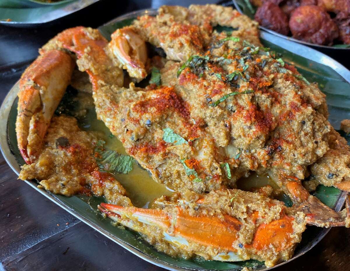 Nandu masala, or crab masala, is a specialty of southern India, as seen here at Kumar's restaurant in Houston.
