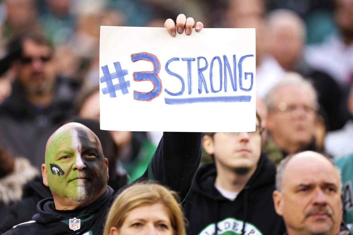 A fan displays a sign for Damar Hamlin #3 of the Buffalo Bills during a game between the Philadelphia Eagles and the New York Giants.