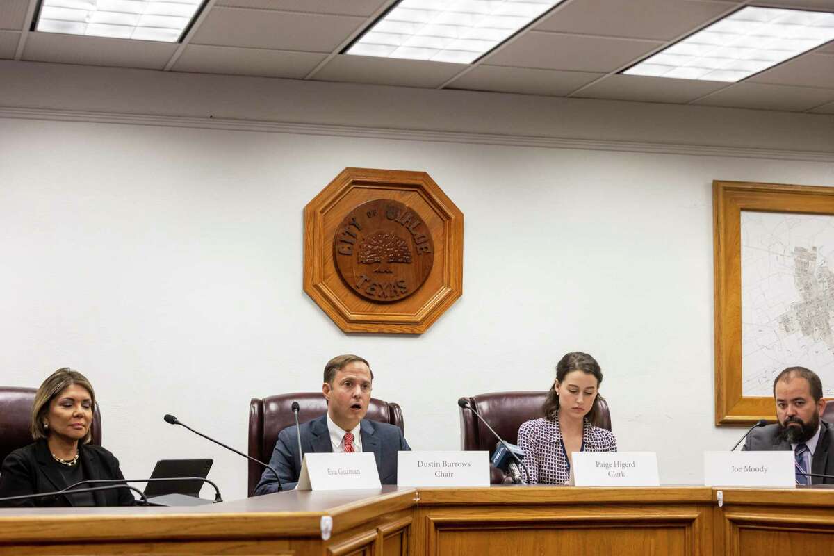 Meeting at Uvalde City Hall, from left, former Texas Supreme Court Judge Eva Guzman, Chair Rep. Justin Burrows, Paige Higerd, and Rep. Joe Moody begin a special House committee hearing June 16 on the massacre at Robb Elementary School.