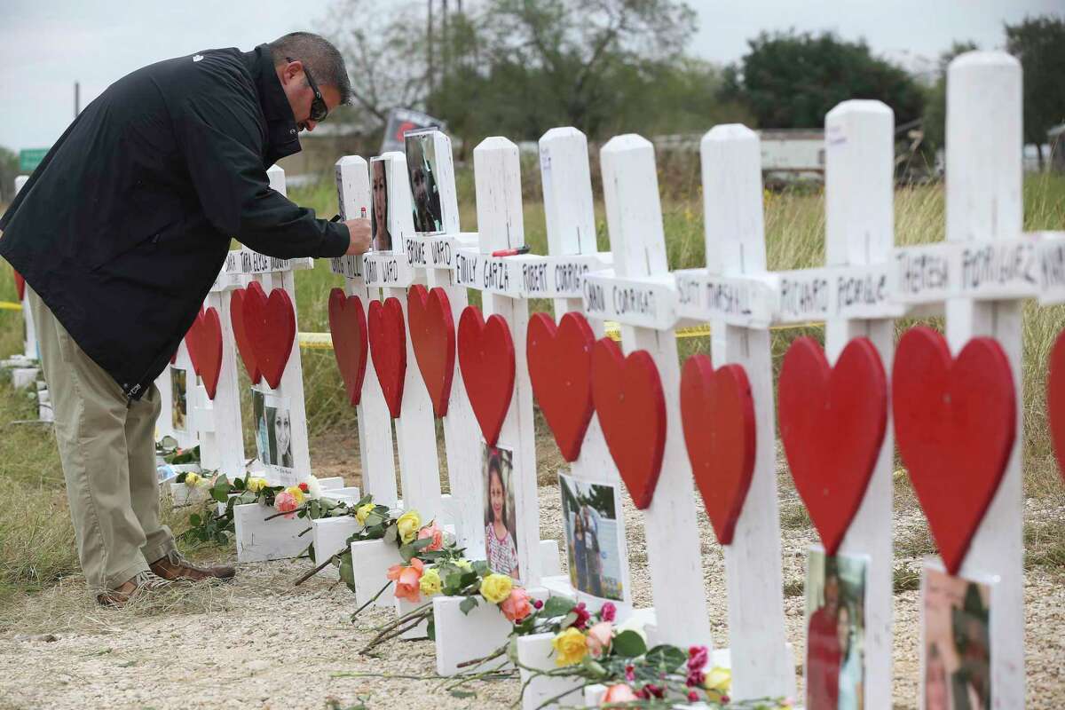A memorial honors the Sutherland Springs mass shooting victims. DOJ’s appeal of a $230 million judgment adds to the suffering of Sutherland Springs families and undercuts the Biden administration’s message about gun violence.