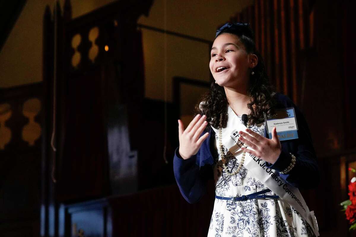 Kadence Smith, of Law Elementary, gives her winning speech during the 27th Annual Martin Luther King, Jr., Oratory Competition at Antioch Missionary Baptist Church on Friday, Jan. 13, 2023 in Houston.