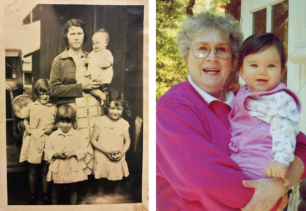 Left: The photographer’s great-grandmother, Sylvia Davis, holds her daughter Sandy, alongside daughters Norma (left), Joyce and Wanda, outside their Sunol home in 1941. Right: Joyce Ysit holds granddaughter Jessica Christian on the porch of her Sunol home in 1993. Top: Victoria Christian, the photographer’s mother, calls her landlord as she pets her dog, Sheba, in her flooded bedroom in Sunol.