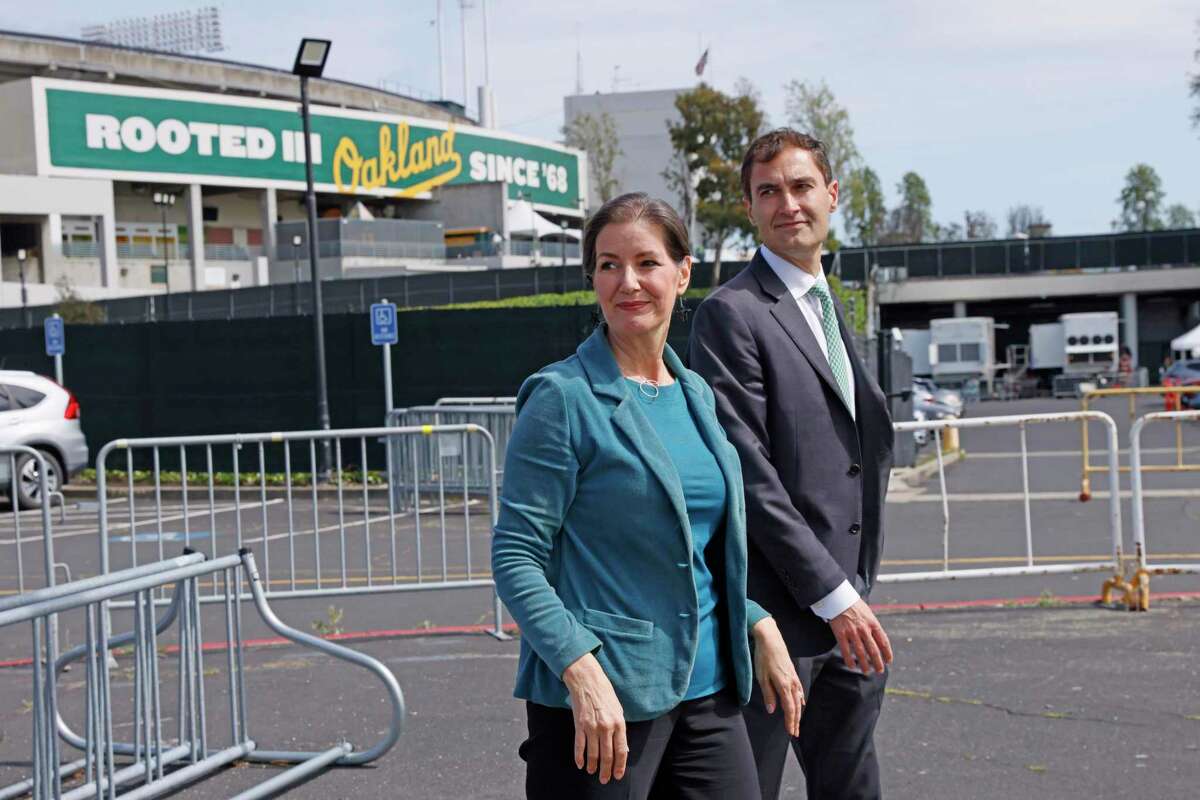 Oakland Mayor Libby Schaaf with Oakland Athletics president Dave Kaval ahead of the A’s Opening Day MLB game at RingCentral Coliseum, Monday, April 18, 2022, in Oakland, Calif.