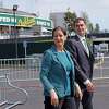 Oakland Mayor Libby Schaaf with Oakland Athletics president Dave Kaval ahead of the A’s Opening Day MLB game at RingCentral Coliseum, Monday, April 18, 2022, in Oakland, Calif.