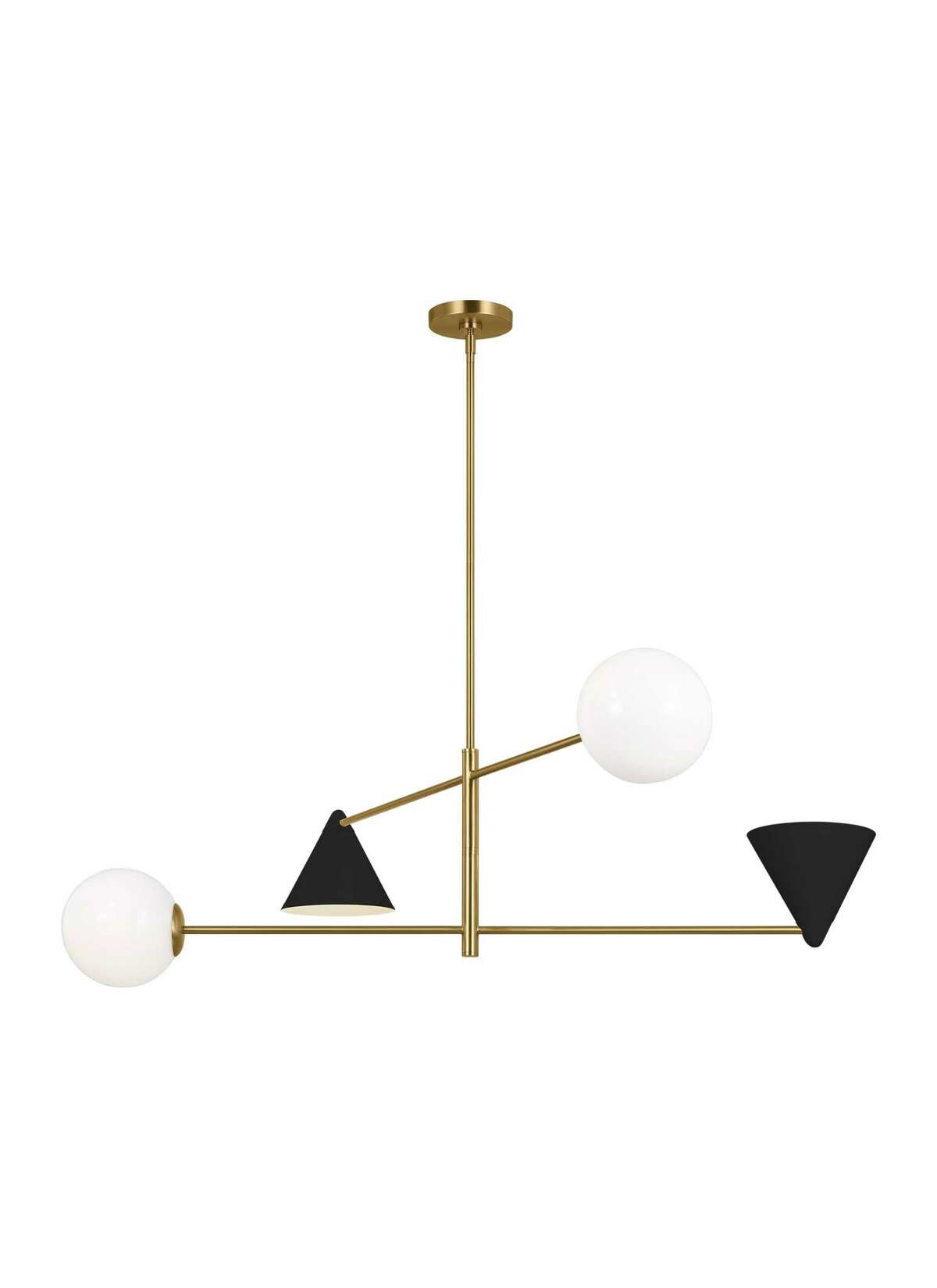 AERIN’s Cosmo large chandelier by Visual Comfort & Co. is brass with either white or white and midnight black shades, $779.97. The Cosmo series includes indoor and outdoor wall sconces and this chandelier in three sizes, 28, 36 and 48 inches wide.