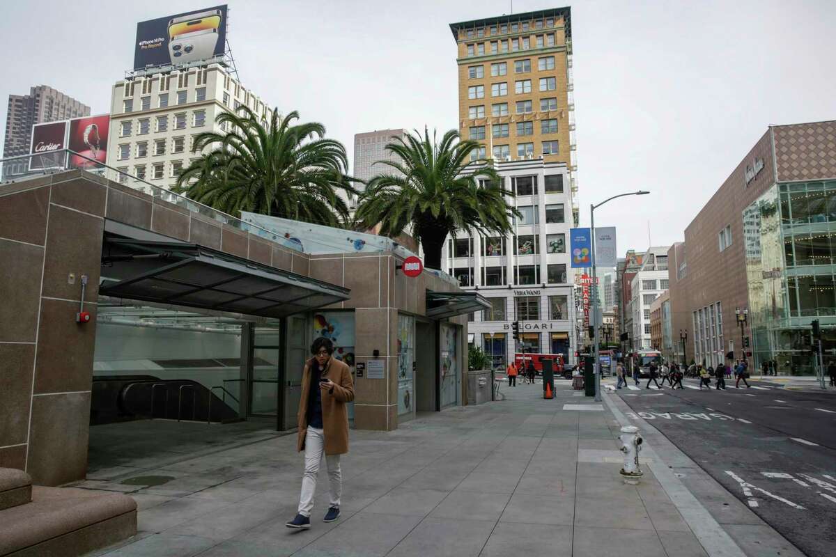 The entrance to Union Square Station on the Central Subway line in San Francisco.