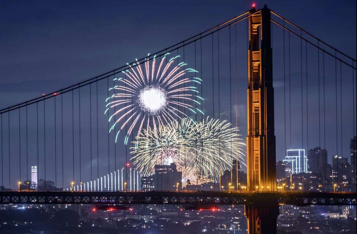 San Francisco’s New Year’s fireworks are framed through the Golden Gate Bridge, as seen from Sausalito.