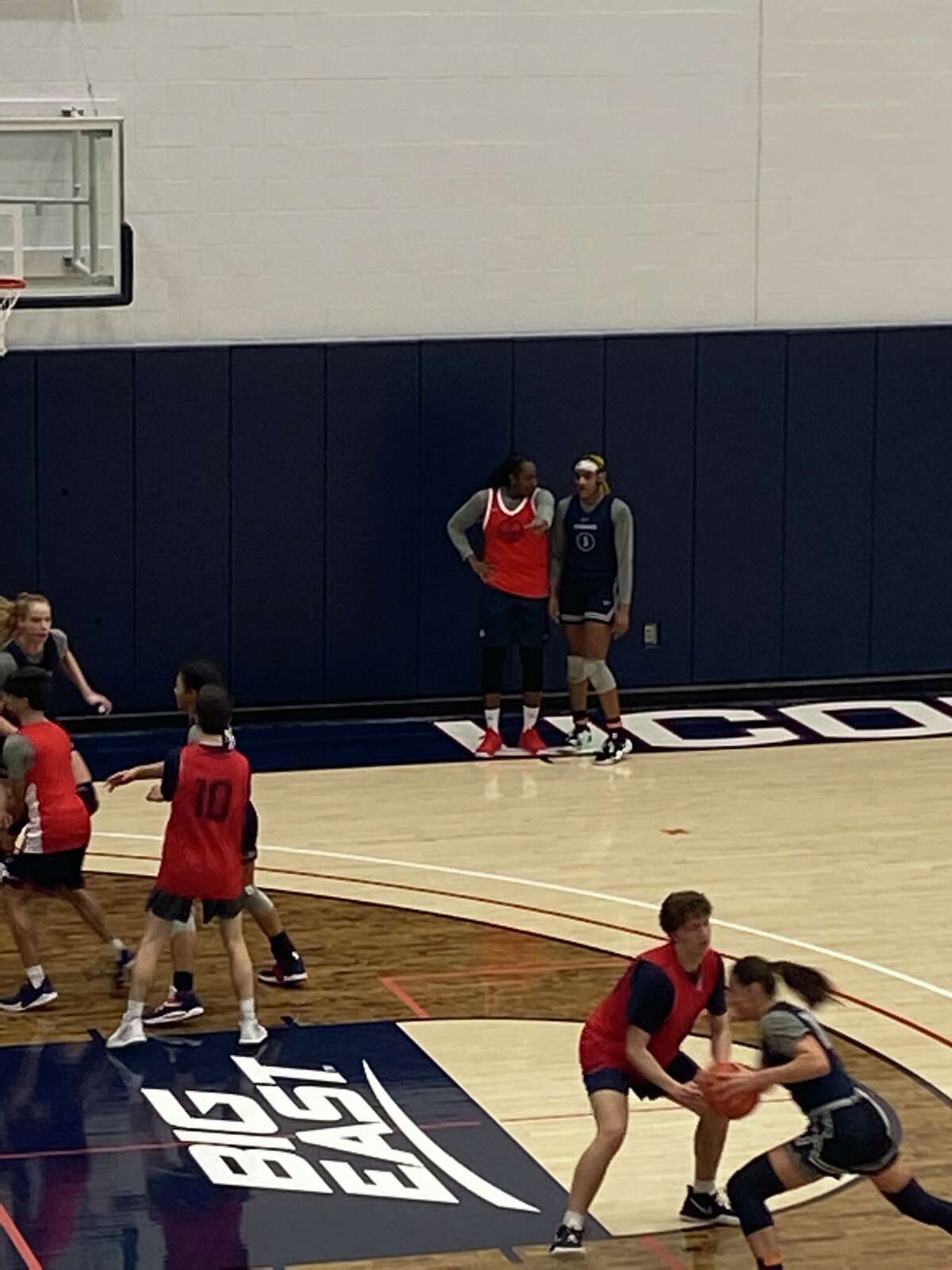 Former UConn women's basketball legend Tina Charles participated in the team's practice both on Friday and Saturday. She took time to talk to current forward Aaliyah Edwards.