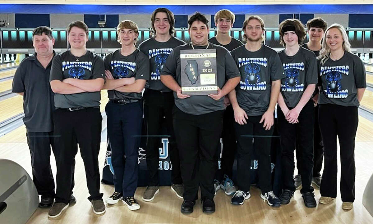 The Jersey High boys bowling team, along with coaches Steve Nelson and Samantha Ayres, display their regional championship plaque. They later placed third at the Collinsville Sectional, qualifying for this weekend's IHSA Boys State Bowling Tournament in O'Fallon.