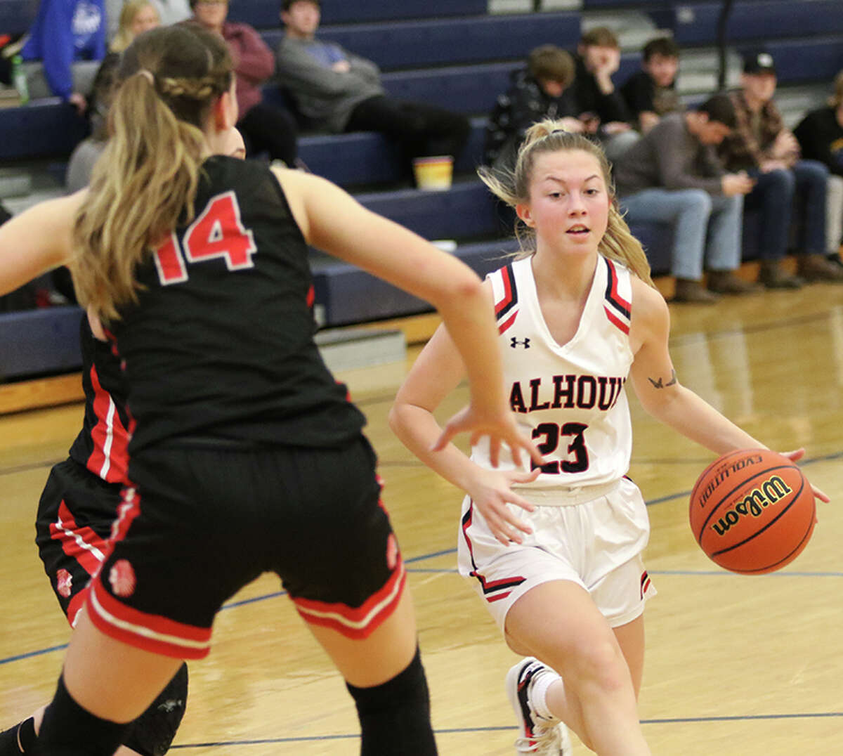 Calhoun's Jaely Hill (23) drives the ball while Pittsfield's Madison Frieden protects the lane during North Greene's Lady Spartan Classic Saturday afternoon at White Hall.