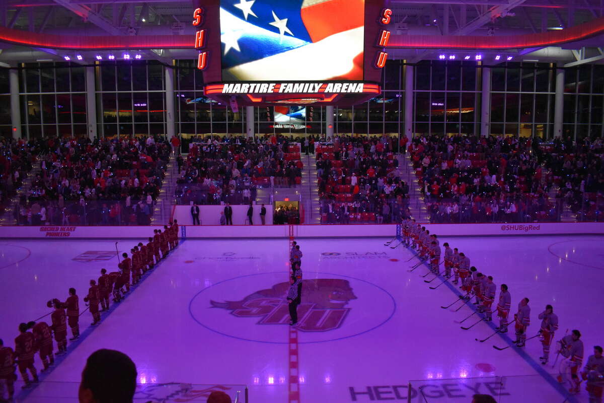 Action from Sacred Heart University's opening night of the Martire Family Arena for NCAA ice hockey between the Pioneers and Boston College on Saturday, Jan. 14, 2023.