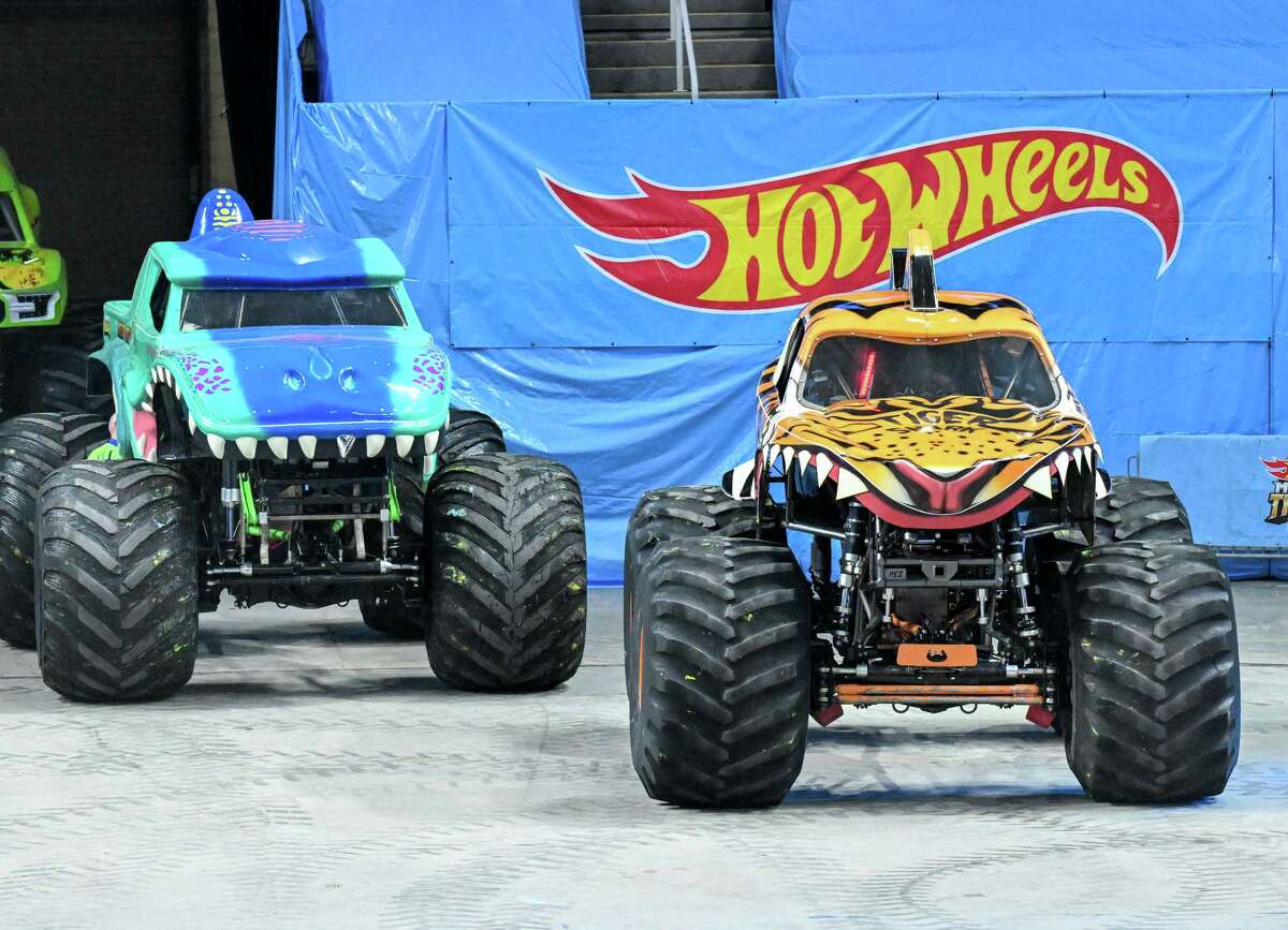 The vehicles are prepped for the Hot Wheels Monster Trucks Live Glow Party at the MVP Arena in Albany, NY on Saturday, January 14, 2023.