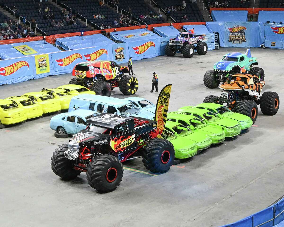 The vehicles are prepped for the Hot Wheels Monster Trucks Live Glow Party at the MVP Arena in Albany, NY on Saturday, January 14, 2023.